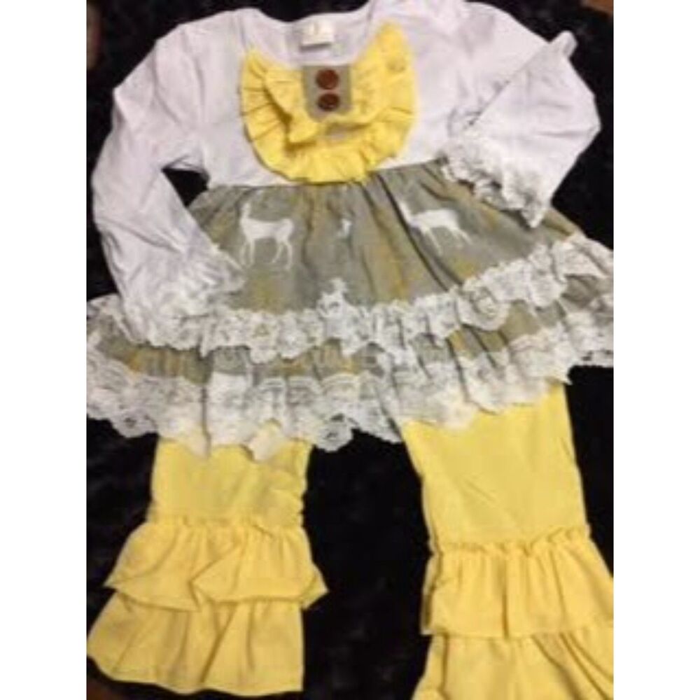 Yellow & Grey Deer Dress and Ruffle Pant Set YGDP3T MED 3T NWT Boutique